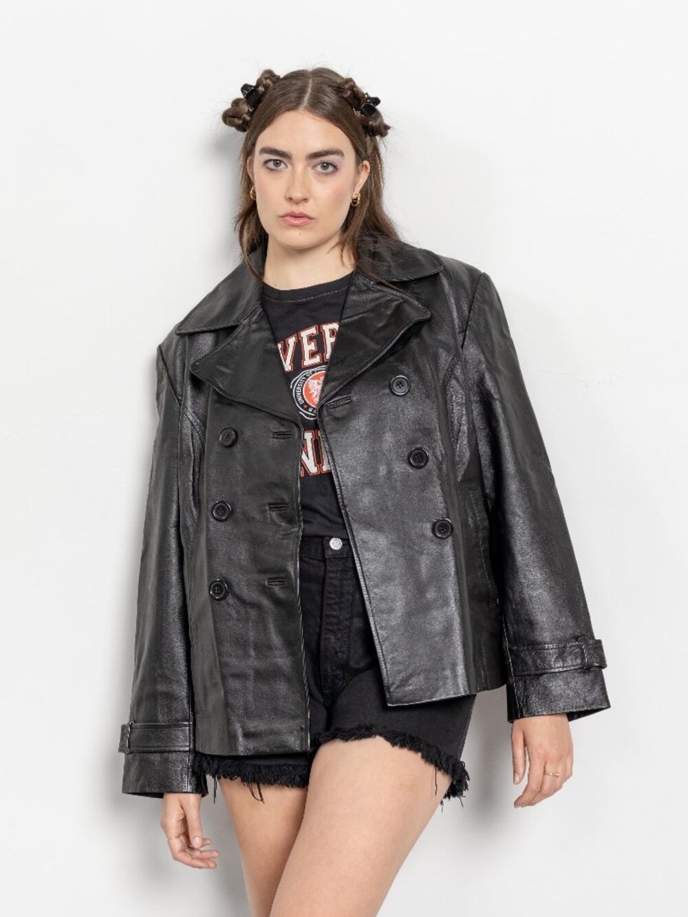 BLACK LEATHER JACKET Vintage Blazer Coat Woman 90's Oversize / Extra Large